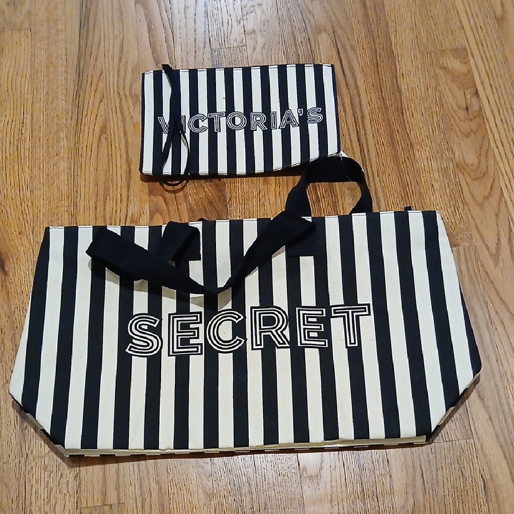 Victoria's Secret Monochrome Striped Tote Plus Small Make Up Bag